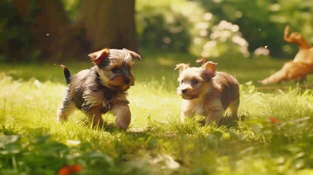 Two adorable small dogs playing outdoors together