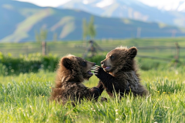 Два очаровательных медведя с белыми когтями играют в траве.