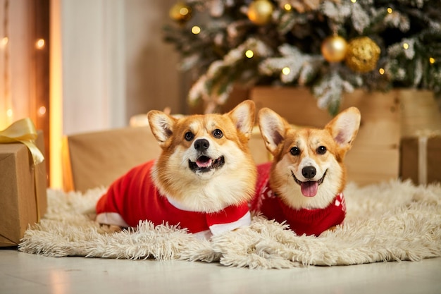 柔らかいカーペットに座って ⁇ 装飾されたクリスマスツリーの近くを見上げている2匹の可愛いウェールズコルギーの犬