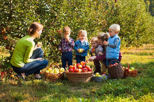 Due adorabili giovani donne tra i meli pieni di frutti maturi all'eco-fattoria. tutor con bambini in età prescolare in escursione