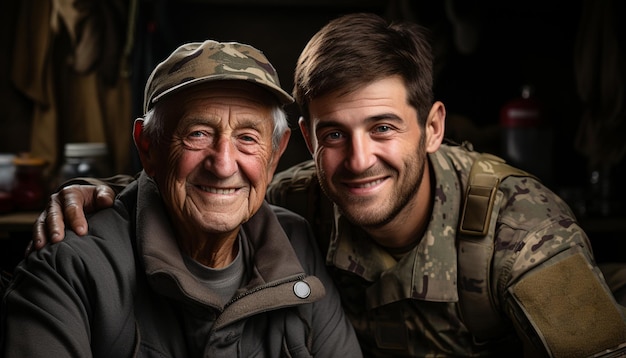 Photo two adult men in military uniform smiling at the camera generated by ai