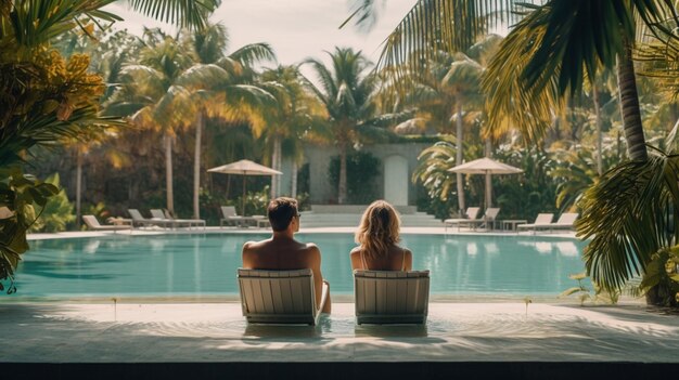 Photo two adults in swimwear enjoy poolside relaxation