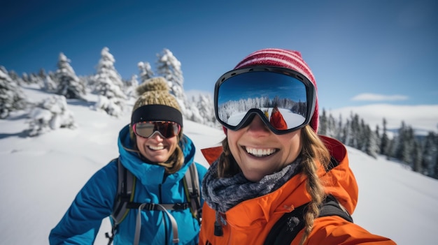 写真 雪の中で一緒にスキーをする 2 人の冒険好きなガールフレンド