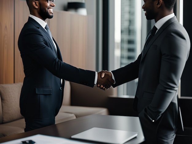 Two African American businessmen shaking hands in the office Business meeting concept Generative AI