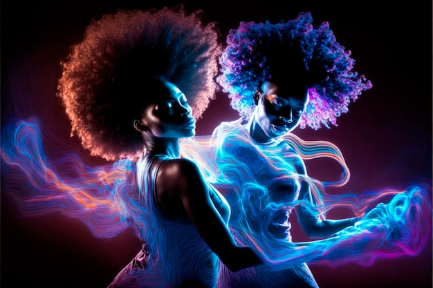 Two African American women with afro hair dancing at the disco with colored lights Generative AI