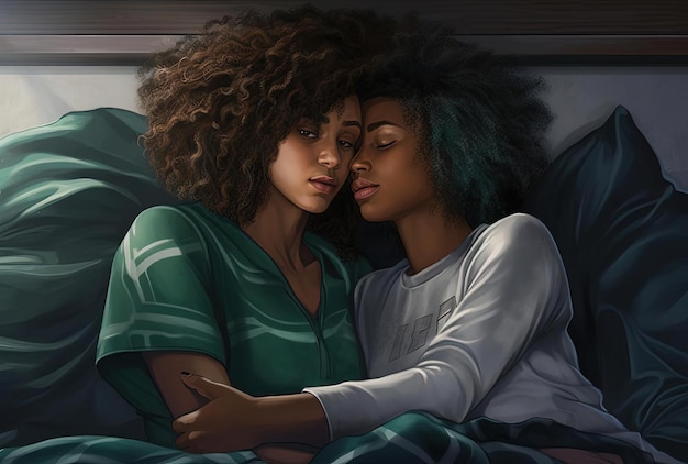 two afro haired women hug together on a bed in the style of serene solitude