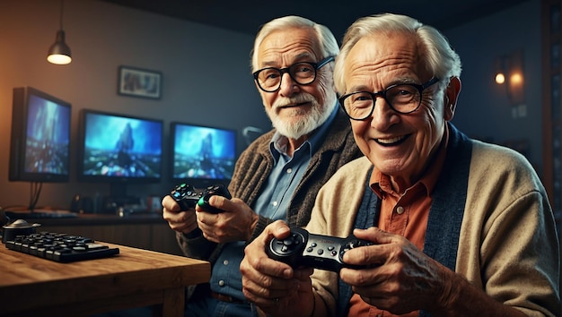 Two aged people playing video games with gamepad in hand