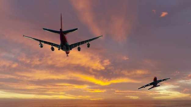 写真 2 機の飛行機が夕方の 3d レンダリングで夕暮れの空を飛んでいます。