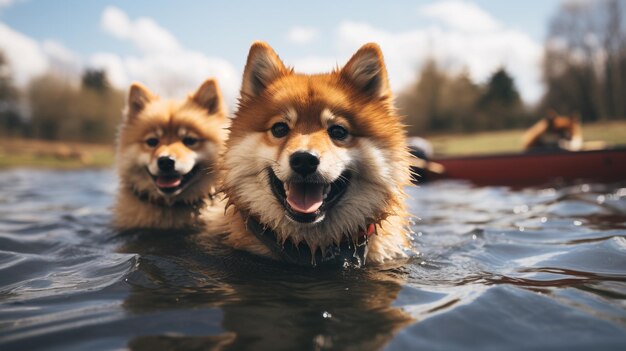 Two Akita Inu dogs in a wooden boat in the lake