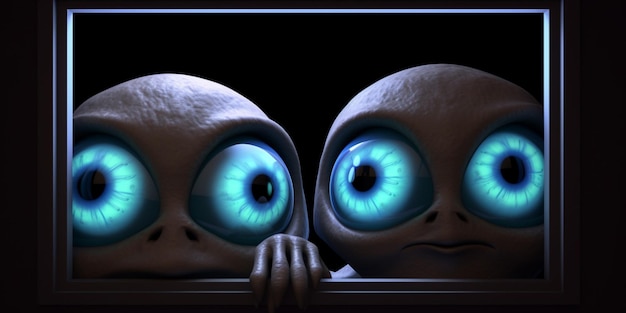 Two alien alien faces behind a bar