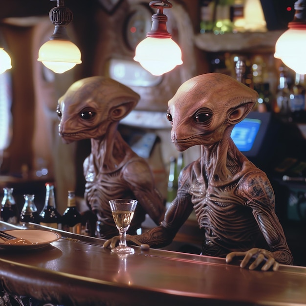 Photo two alien figurines are on a bar with a drink in the background