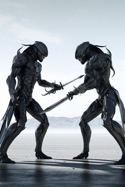 Photo two aliens are fighting with swords in a desert area generative ai