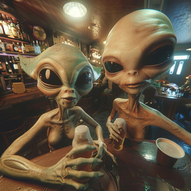 Photo two aliens sit on a bar with a cup of coffee