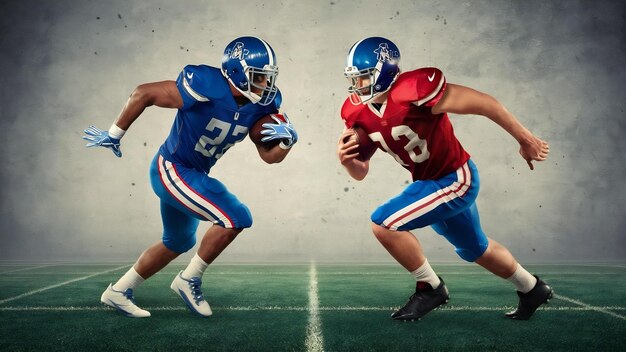 The two american football players in action on green grass and gray background