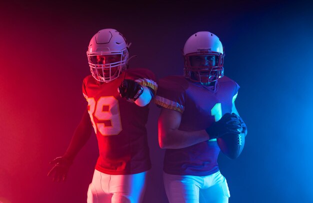 Photo two american football players mockup for bookmaker ads with copy space mockup for betting advertisement black and white social media template