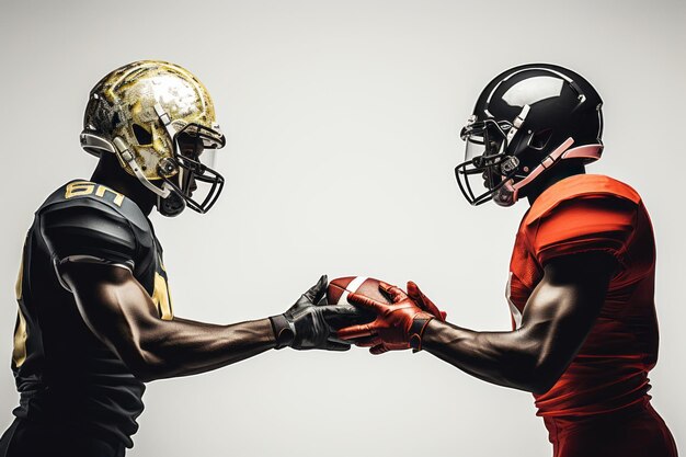 Photo two american football players stand opposite each other holding ball in their hands determined