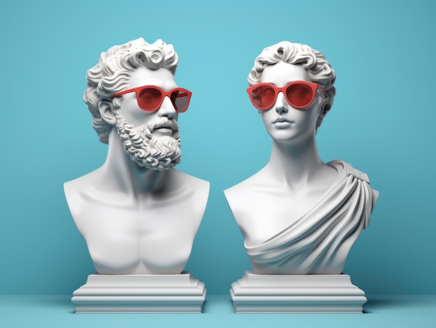 Two ancient Geek bust statue of man and woman wear sunglasses colorful background