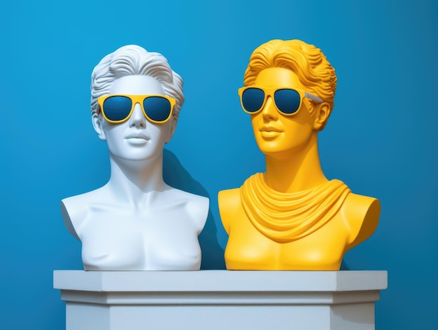 Two ancient Greek bust of man and woman wear sunglasses