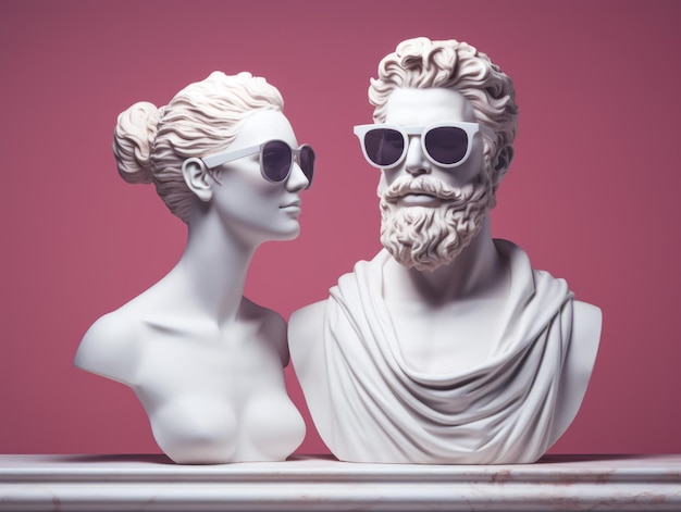 写真 古代ギリシャの男と女の2人の胸像が太陽眼鏡をかぶっているミニマルコンセプトのトレンド