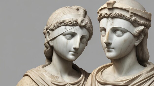 Foto due antichi busti di marmo statua dell'epoca romana donne abbigliamento tradizionale e acconciature