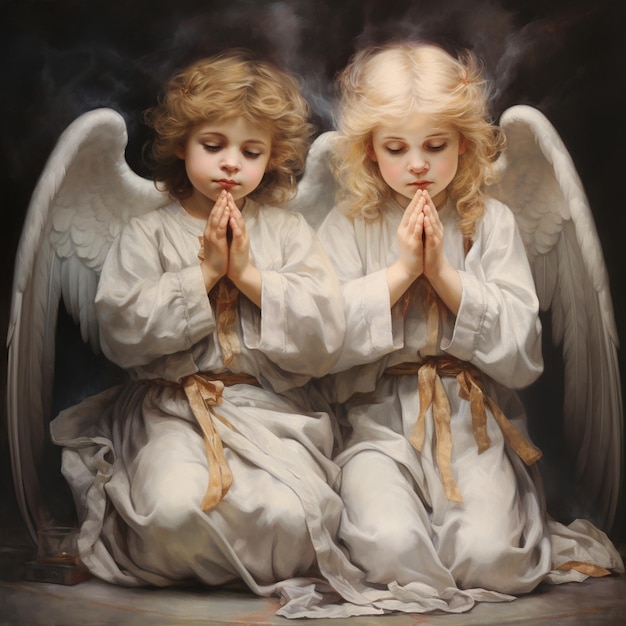 two angels are praying together, one of which is the same.