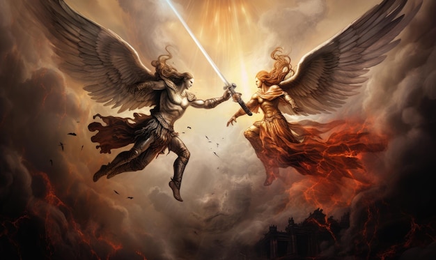 Two angels fighting with each other in the sky