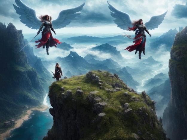 Two angels fly over a mountain landscape