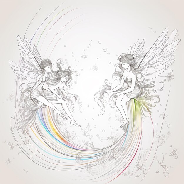 Two angels with rainbow colors and a rainbow in the background.