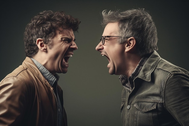 Two angry men shouting at each other on a dark background Aggressive men