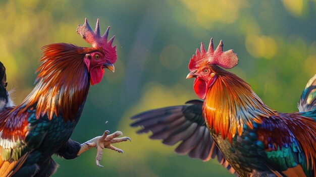 Two angry wild roosters fighting with neck feathers up