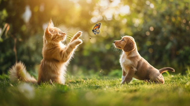 Photo two animals a cat and a dog are sitting in a grassy field and watching a butterfly fly by