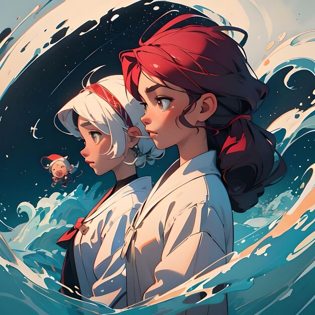 Foto due ragazze di anime con i capelli bianchi e rossi ritratto e onde astratte isolate in una notte stellata