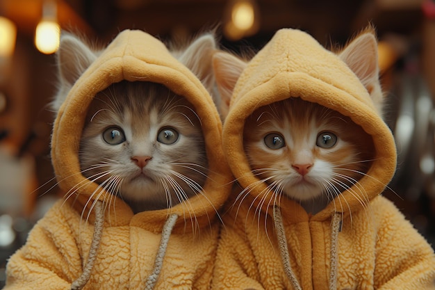 Фото Два антропоморфных котенка, одетых в теплую одежду