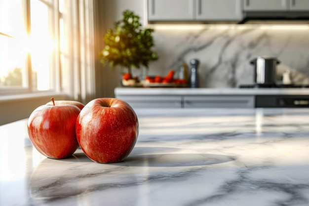 Two apples are placed on marble countertop near sink