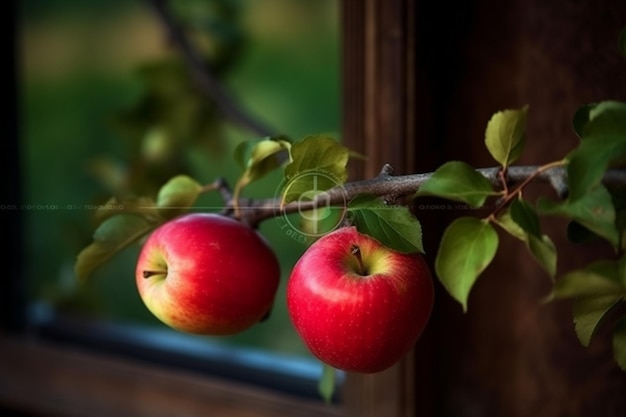 Two apples on a branch with leaves and a window behind them.