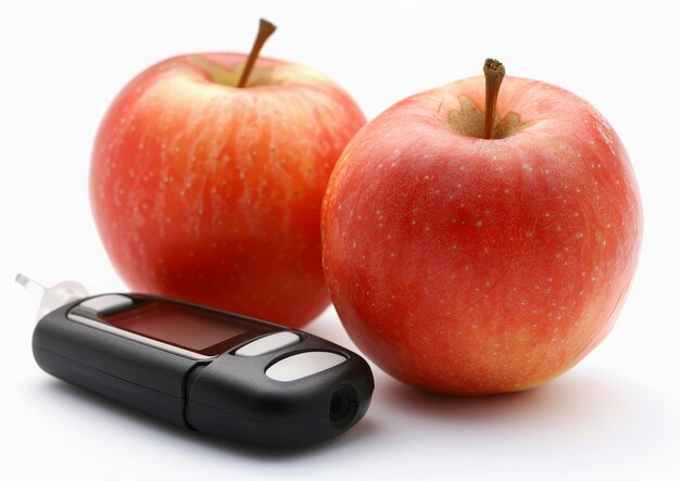 Два яблока рядом с электронным устройством