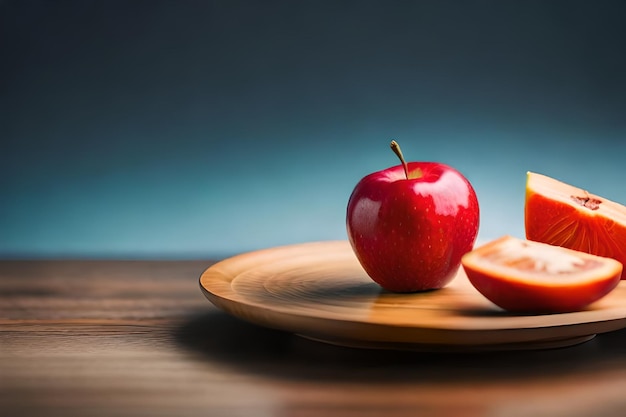 Two apples on a plate with a blue background