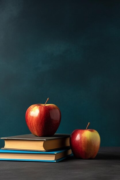 Two apples on top of a stack of books