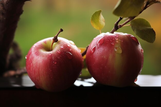 Two apples on a window sill with a green background