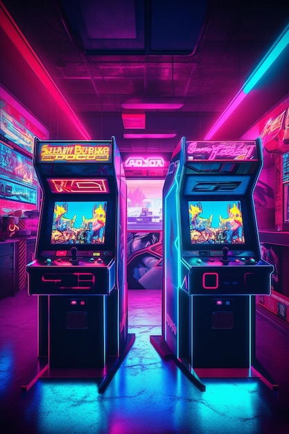 Two arcade machines in a neon lit room with neon lights generative ai