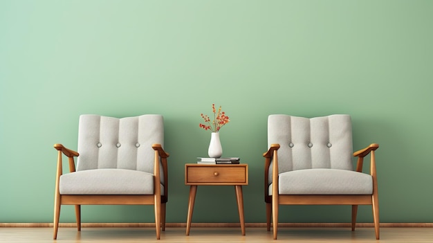 Foto due poltrone vicino alla parete verde chiaro in stile midcentury