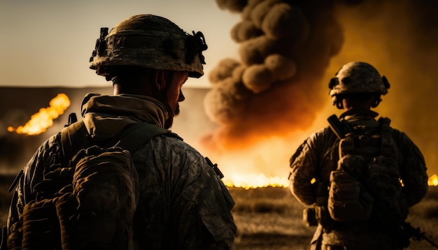 Two army soldiers, U.S. marines team surrounded by fire and smoke, war zone