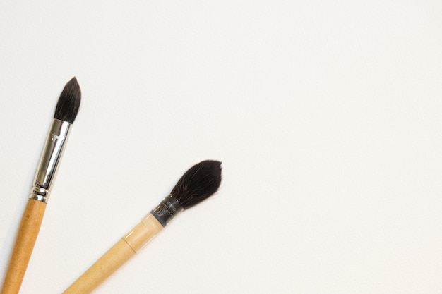 Фото Две художественные кисти с деревянной ручкой на фоне белого листа