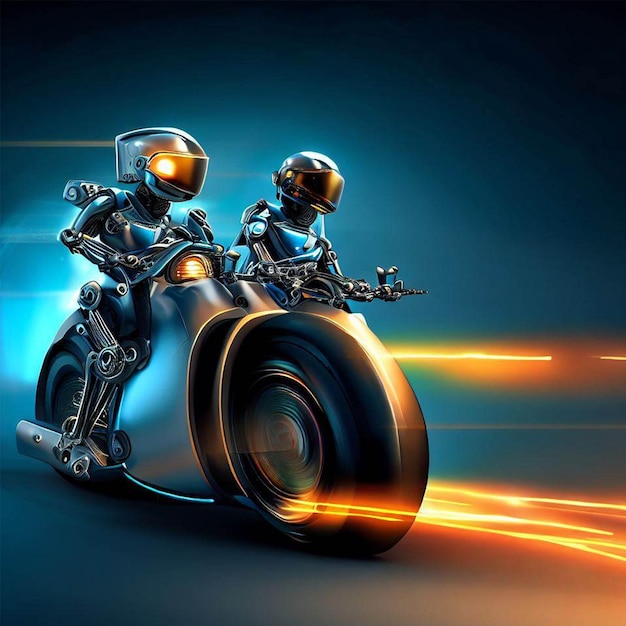 Two artificial intelligence robots riding a motorcycle