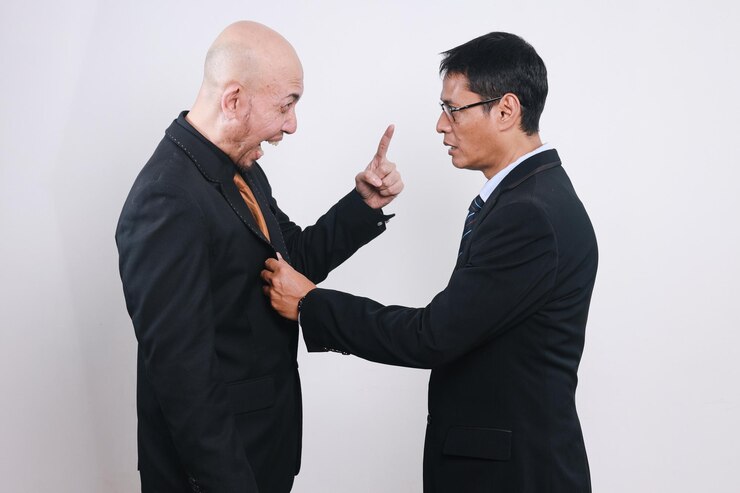 Photo 2人のアジア人ビジネスマンがビジネス問題で意見の相違と紛争を起こしています