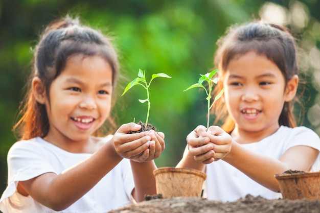 Two asian child girls holding young tree for planting in recycled fiber pots together in the garden