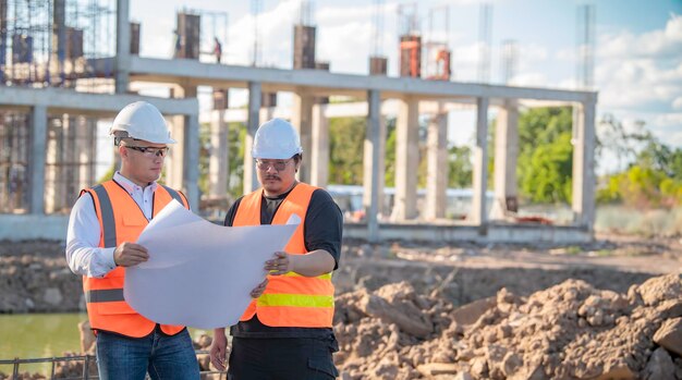 写真 2人のアジア人エンジニアが大規模な建設プロジェクトの現場で働いていますタイの人々は建設現場でオーバータイムをしますエンジニアのチームが現場でディスクを打ちます