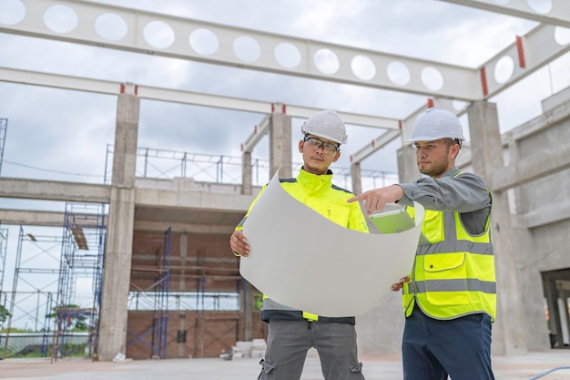 Two Asian engineer working at site of a large building projectWork overtime at construction siteTeam of engineer discus at siteThe architect supervisor and foreman meet to discuss the design