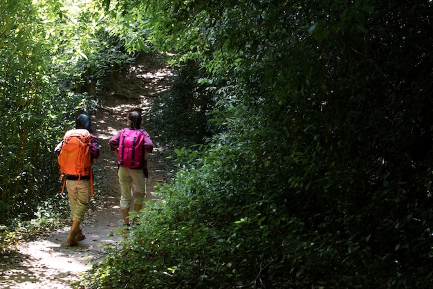 Two asian female walking by hiking trail.