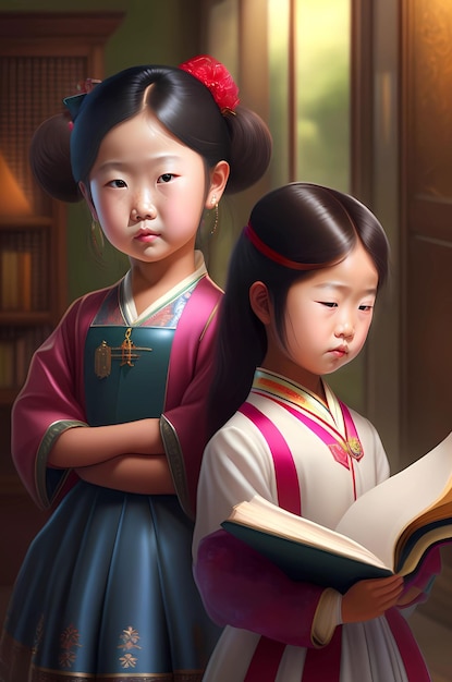 Two Asian girls reading book ai generated